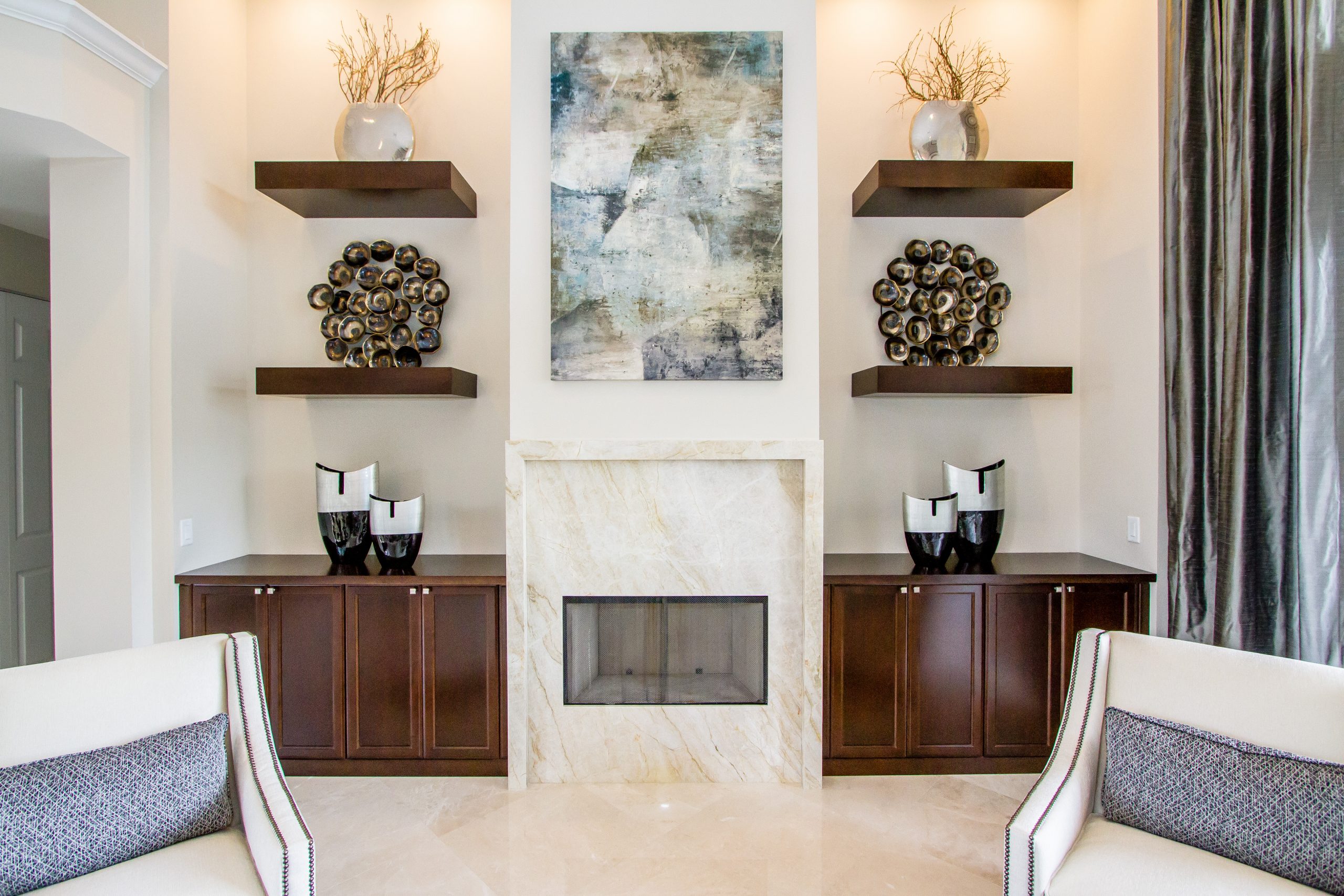 White marble fireplace in modern living room