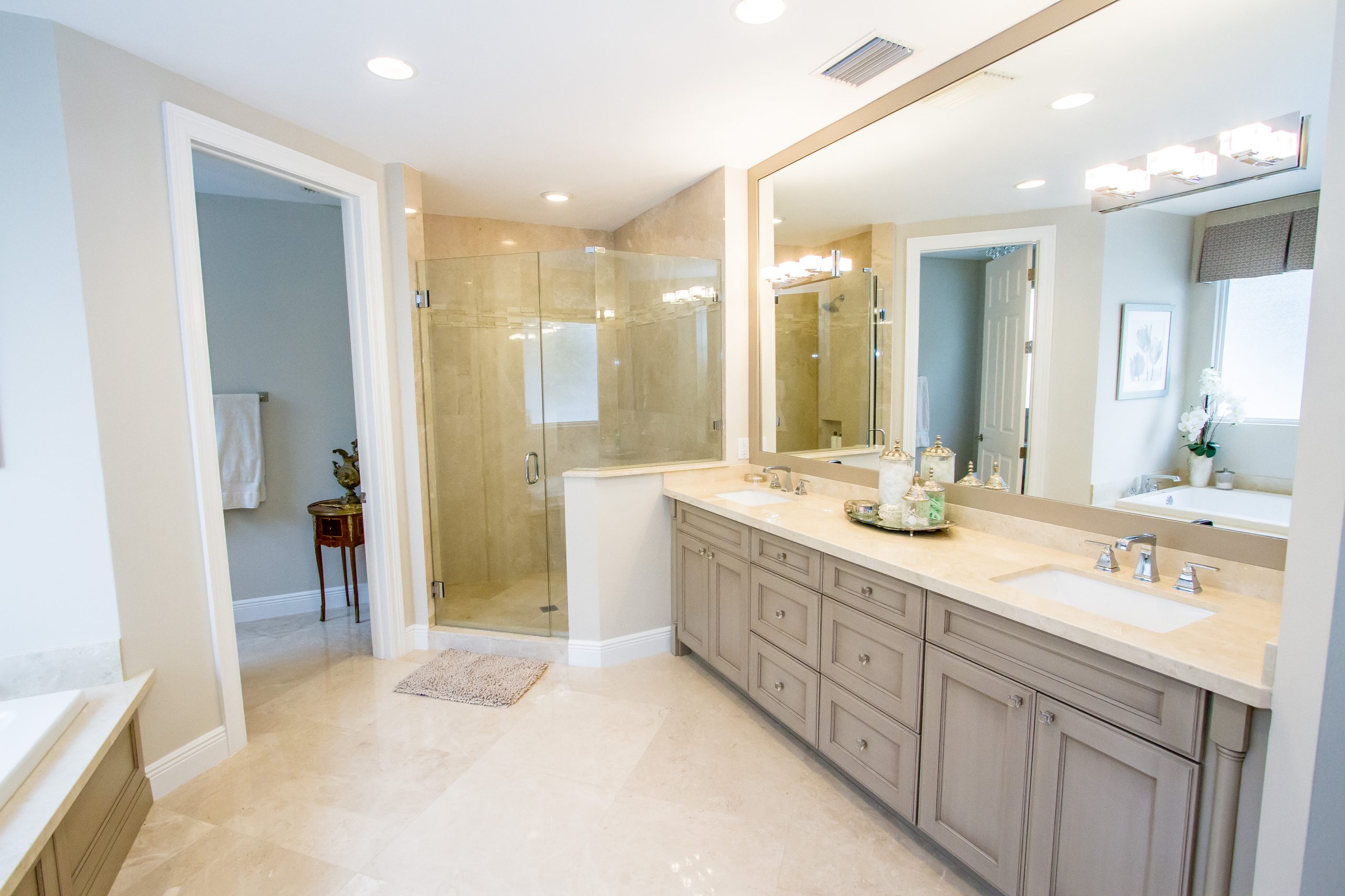 tan granite double bathroom vanity in modern bathroom