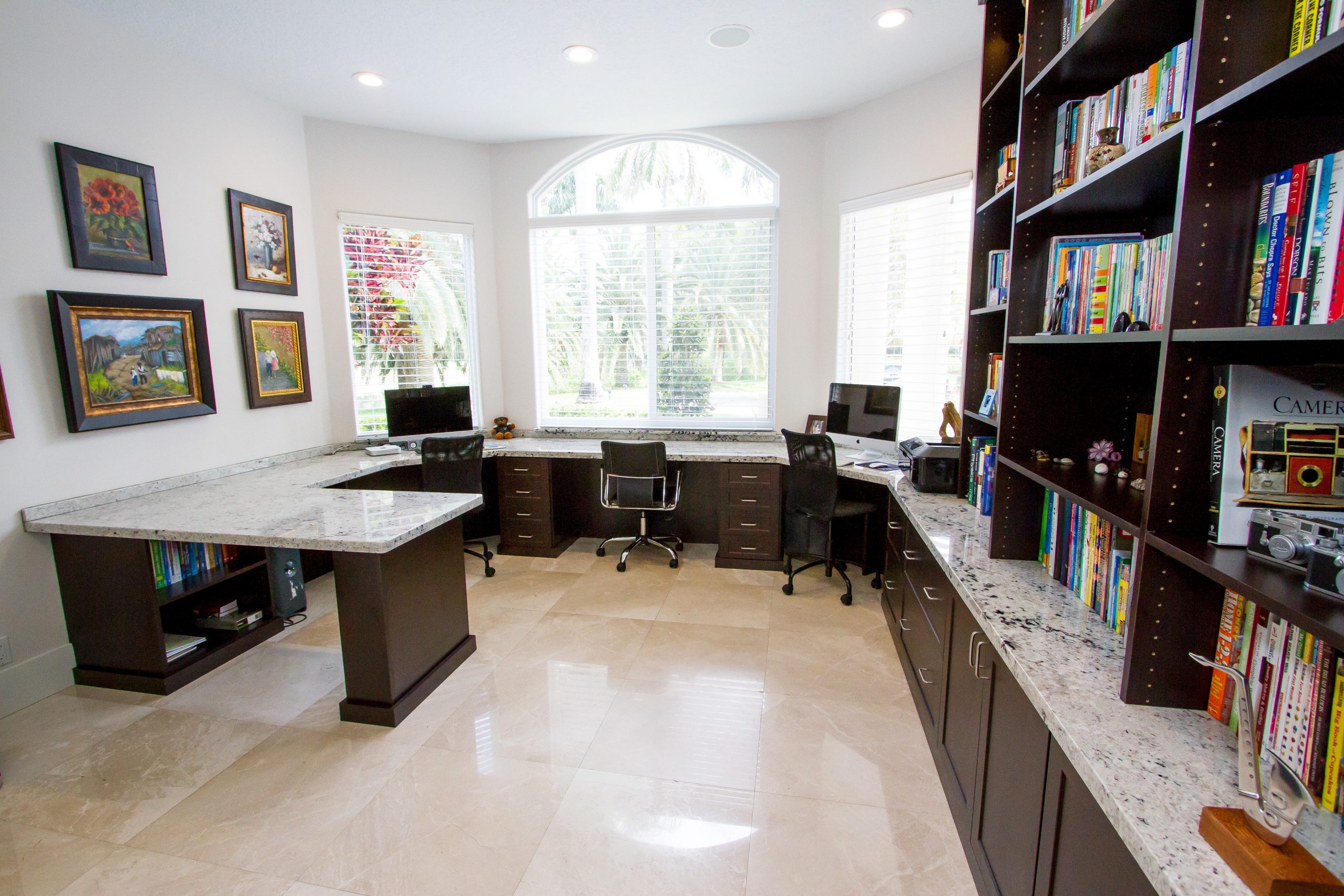 At home office with gray granite countertops