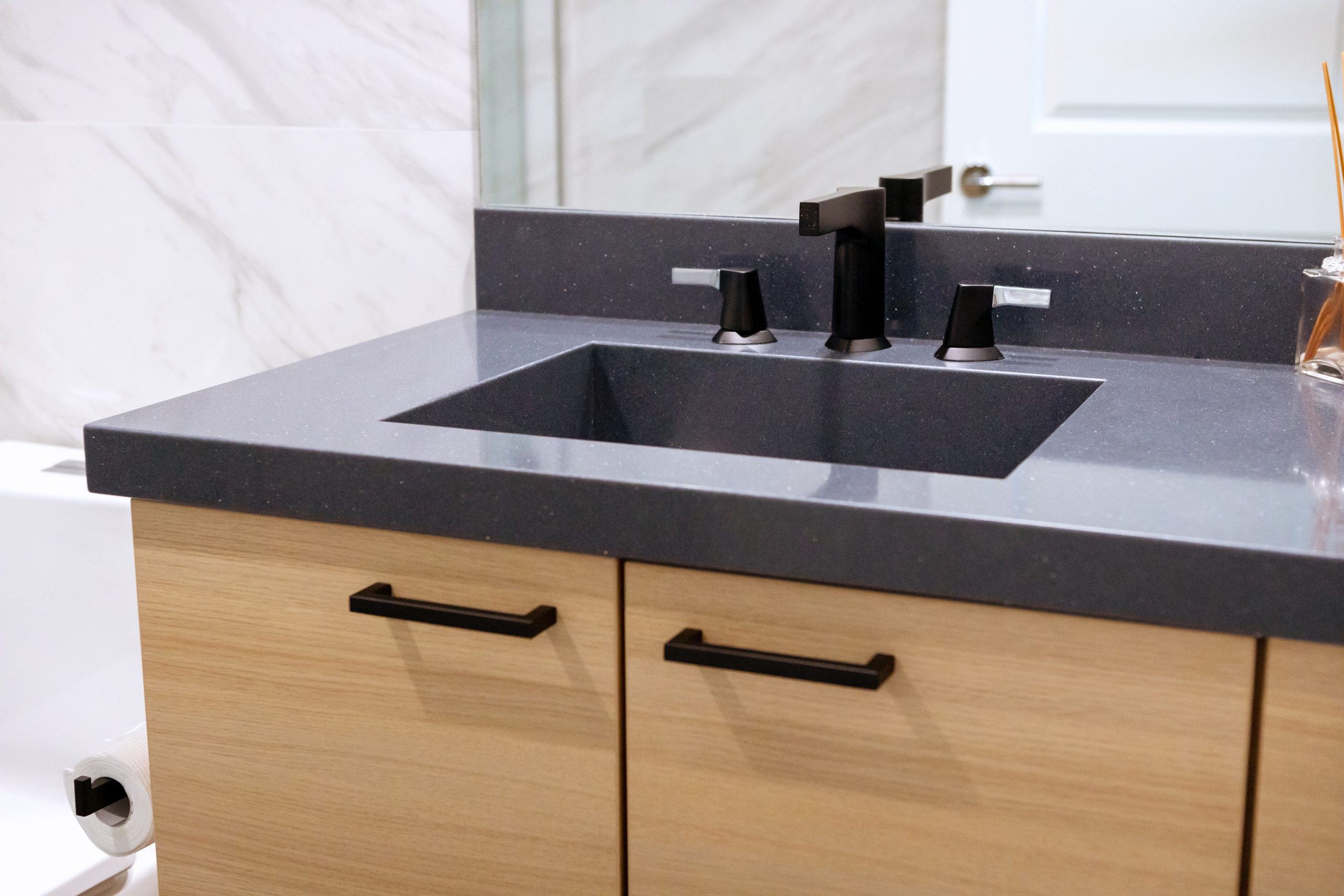 Gray marble bathroom vanity with sink