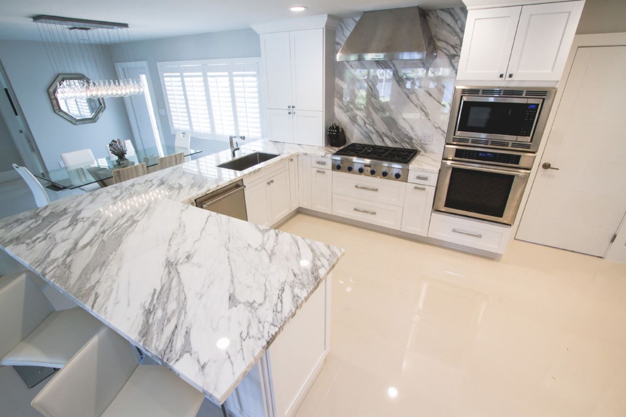 White marble countertops in kitchen