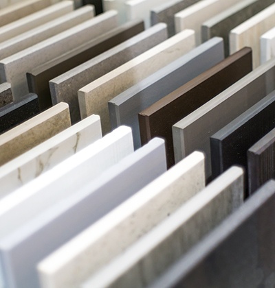 Close up of kitchen countertop granite and marble samples